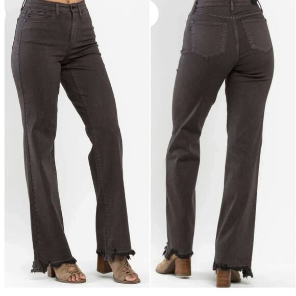 Judy Blue Straight Leg Jeans Brown Size 11/30 Frayed Hem Stretch 32” Inseam EUC - Picture 1 of 12